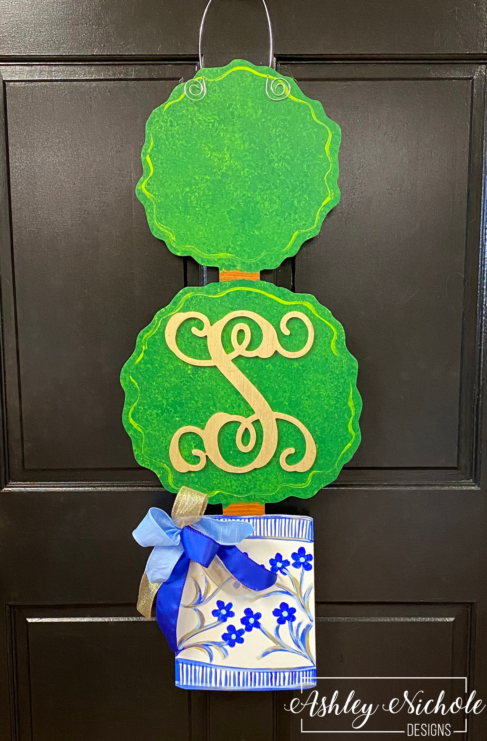 Monogrammed Chinoiserie Pot Topiary Door Hanger