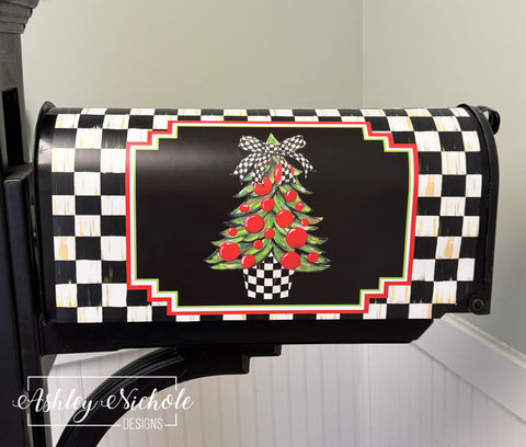 Christmas Tree - CHECKERED Bow - Magnetic Vinyl Mailbox Cover