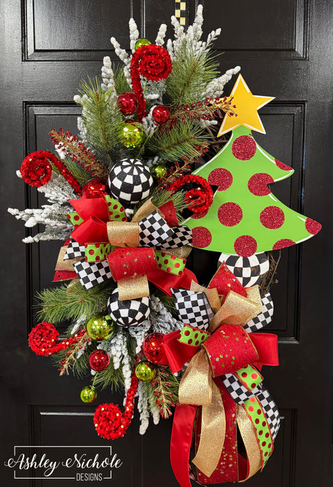 Christmas Tree - Gold Star and Checkered - Wreath