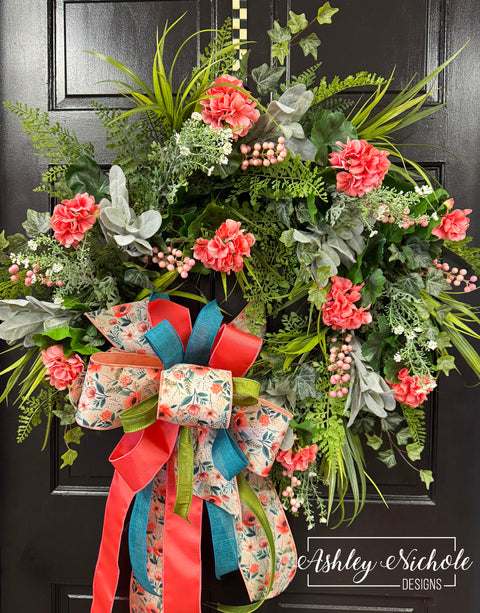 Coral Geraniums Garden Wreath