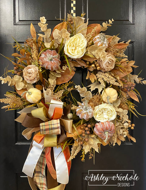 Crispy Brown Leaves and Pumpkins Round Wreath