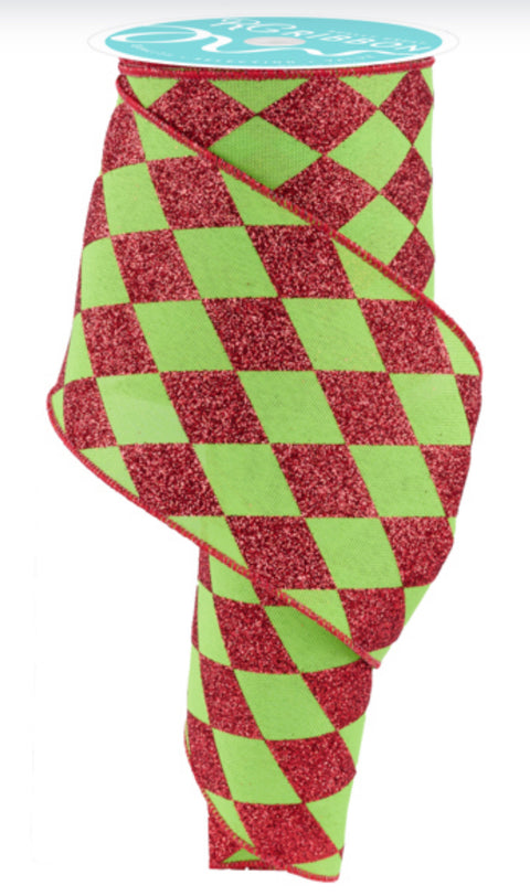 Lime & Red Glitter Harlequin Wired Ribbon - 4" x 10yds