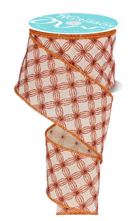 Cream Burlap w/ Orange Dots & Circles Wired Ribbon - 2.5" x 10yds