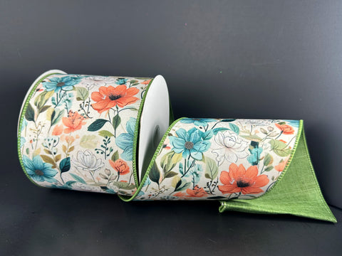 Florals w/ Sage Linen Backing Wired Ribbon - 4" x 10yds
