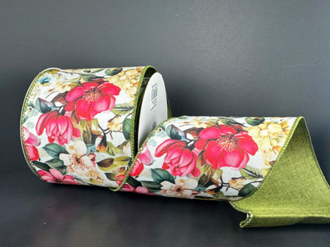 Blush Magnolias W/ Moss Linen Backing Wired Ribbon - 4" x 10yds