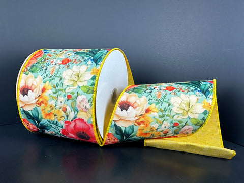 Florals w/ Yellow Backing  Wired Ribbon - 4" x 10yds