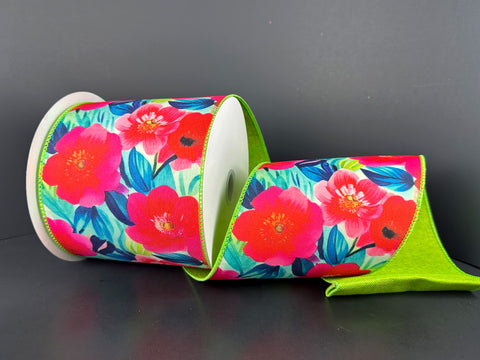 Tropical Florals w/ Lime Backing Wired Ribbon - 4" x 10yds