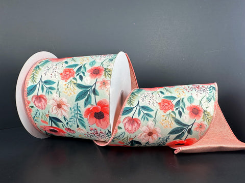 Dainty Flowers w/ Coral Linen Backing Wired Ribbon - 4" x 10yds