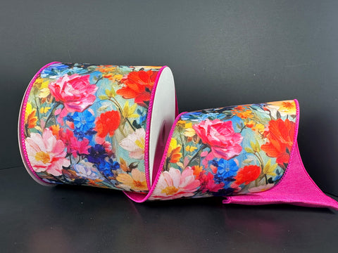 Oil Painted Floral w/ Pink Backing Wired Ribbon - 4" x 10yds