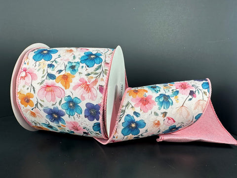 Pink, Teal & Rust Flowers w/ Blush Backing Wired Ribbon - 4" x 10yds