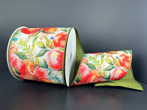 Watercolor Peaches w/ Moss Linen Backing Wired Ribbon - 4" x 10yds