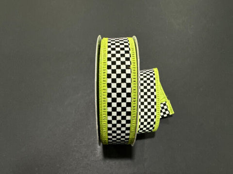 Black & White Checkered w/ Bright  Yellow Edge Wired Ribbon - 1" x 10yds