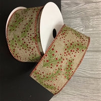 Burlap w/ Pine & Glitter Berries Wired Ribbon - 2.5" x 10yds