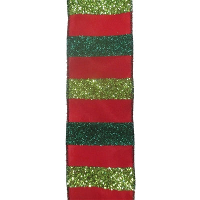 Red w/ Lime & Emerald Glitter Stripes Wired Ribbon - 2.5" x 10yds