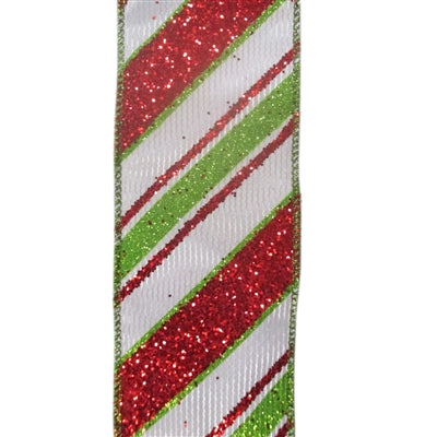 Glitter Red & Green Candy Stripes Wired Ribbon - 2.5 x 10yds