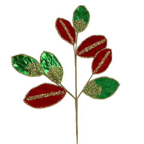 27.5" Metallic Velvet Magnolia Leaf Spray - Red & Green