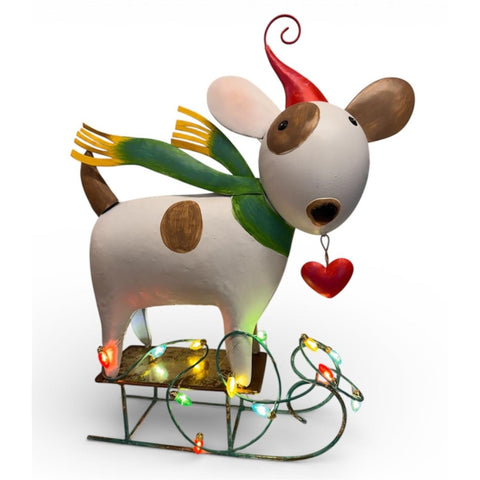 15.5" Color Pop Metal Christmas Dog on Sled w/LED Lights