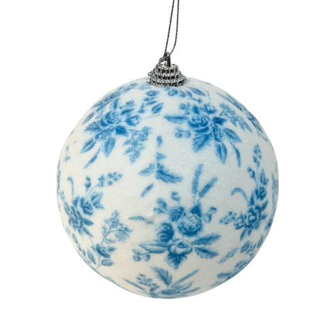 4.25" White Felt Ornament With Vintage Blue Floral Print