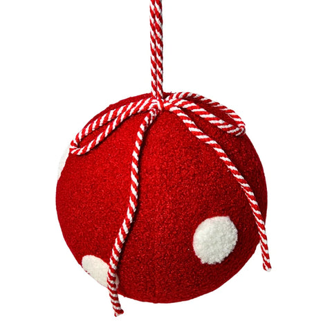 6" Fuzzy Polka Dot Ball Ornament - Red & White