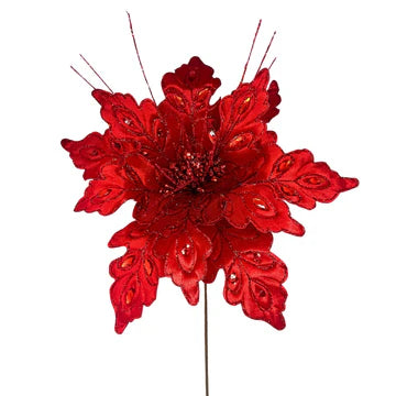 27" Glitz Gem Velvet Poinsettia Stem - Red