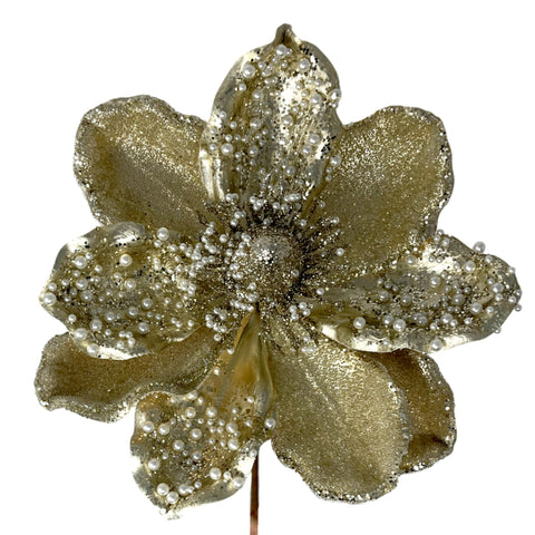 17" Beaded Magnolia Stem w/Pearls - Gold