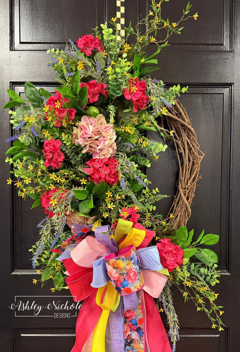 *READY to SHIP* - Dark Pink Geraniums & Hydrangea Oval Wreath