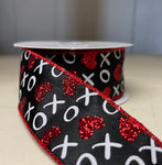 Black Satin w/ "XOXO" Hearts Wired Ribbon - 1.5" x 10yds