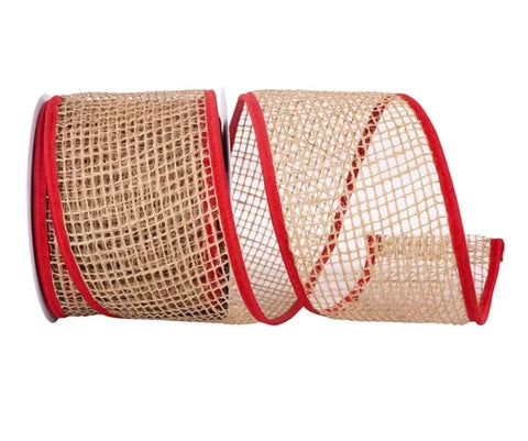 Open Weave Burlap w/ Red Piped Edge Wired Ribbon - 4"x 10yds