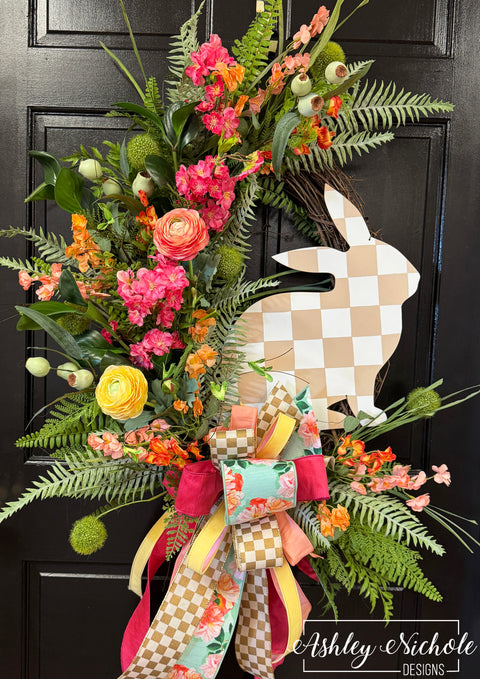Easter Blooms & Checkered Bunny Wreath