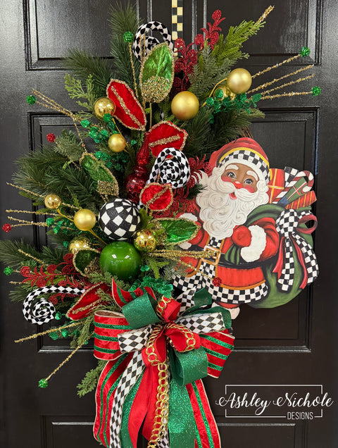 Elegant Checkered Christmas Black Santa Wreath
