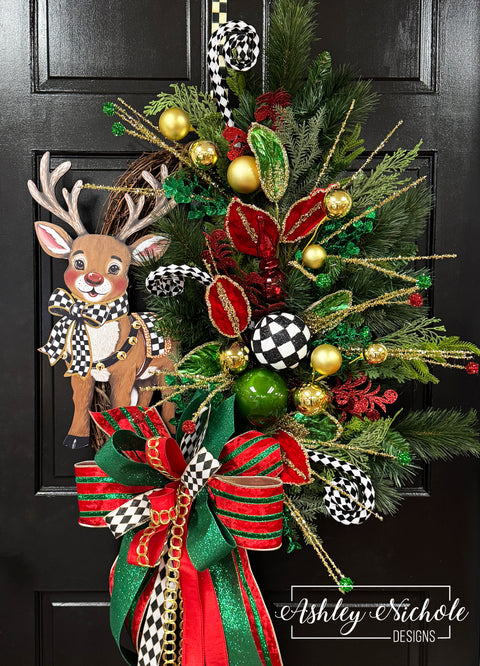 Elegant Checkered Christmas Reindeer Wreath