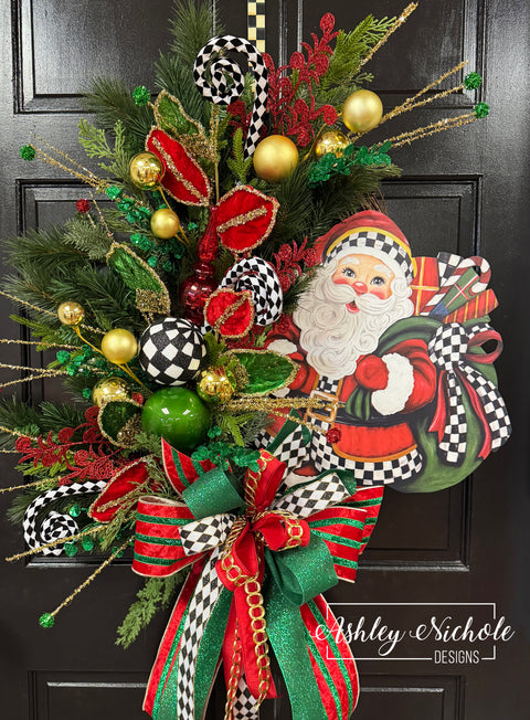 Elegant Checkered Christmas Santa Wreath
