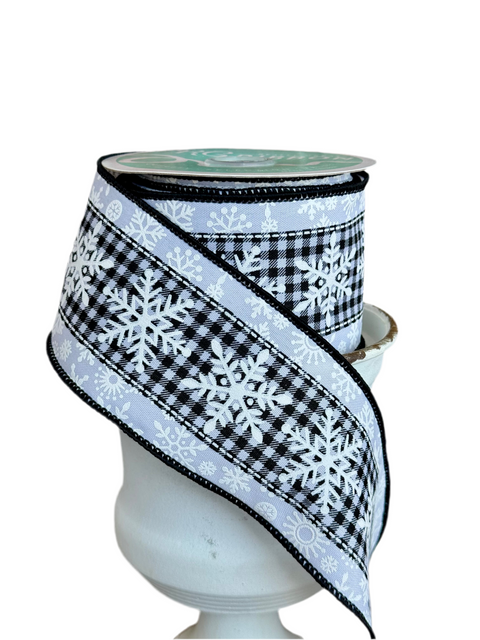 Black & White Buffalo Check Center w/ White Snowflakes Wired Ribbon - 2.5” x 10yds