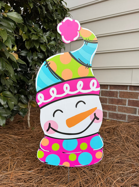 Colorful Patchwork Snowman - Winter Corrugated Coroplast Yard Stake