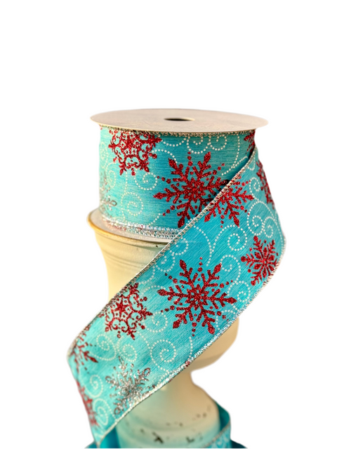 Blue Burlap w/ Red & Silver Glittered Snowflakes Wired Ribbon - 2.5" x 10yds