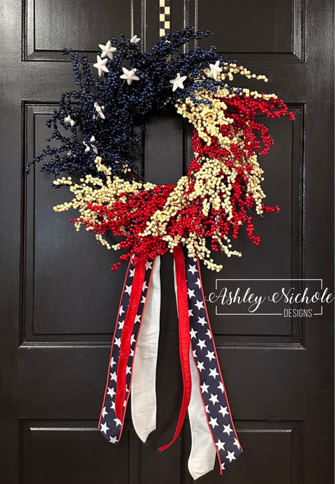 24" American Flag Patriotic Berry Wreath with Ribbon Streamer