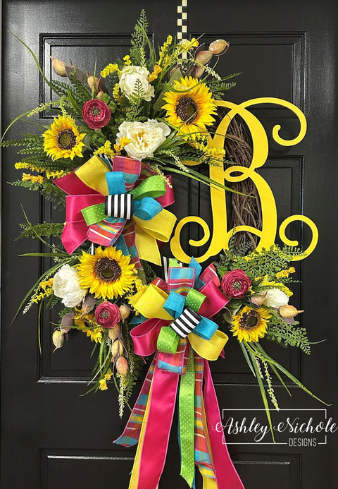 Spring Floral Initial Wreath - PINK & YELLOW
