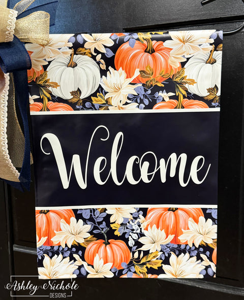 Fall Pumpkin Navy Mix - Welcome - Vinyl Garden Flag