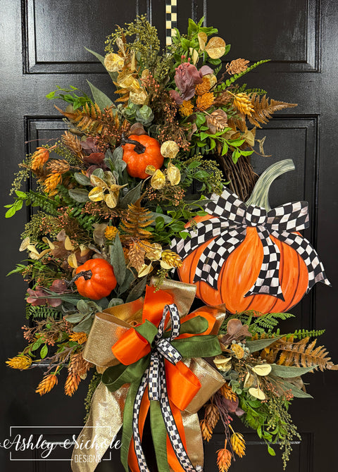 Fancy Bow - Checkered Pumpkin Wreath