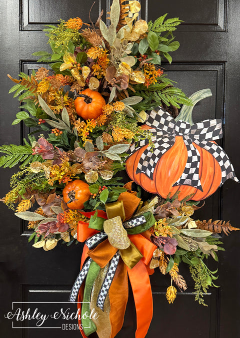 Fancy Bow - Checkered Pumpkin Wreath