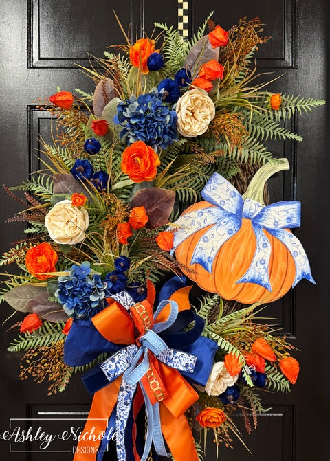Fancy Bow - Chinoiserie Pumpkin Wreath