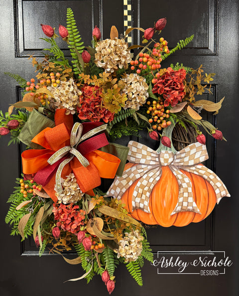 Fancy Bow - TAN & WHITE CHECKERED - Pumpkin Wreath