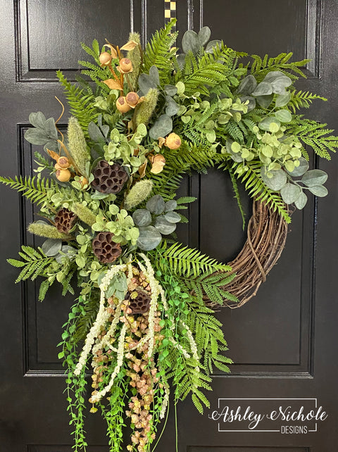 Ferns, Pods & Succulents Wreath