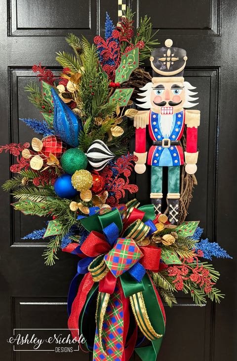 Festive Holiday Nutcracker Wreath - Red & Blue