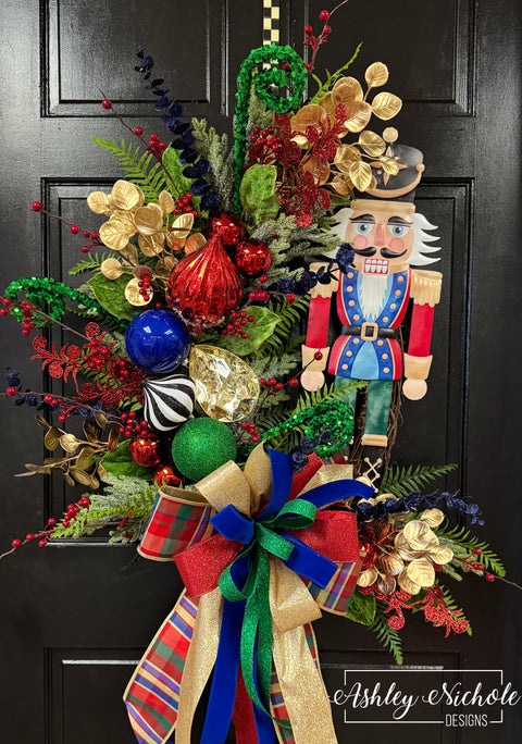 Festive Holiday Nutcracker Wreath - Red & Blue