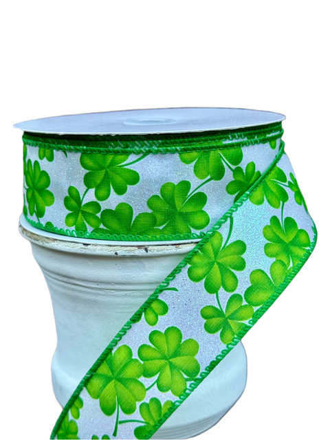 White Glitter w/ Shamrocks Wired Ribbon - 1.5” x 20yds