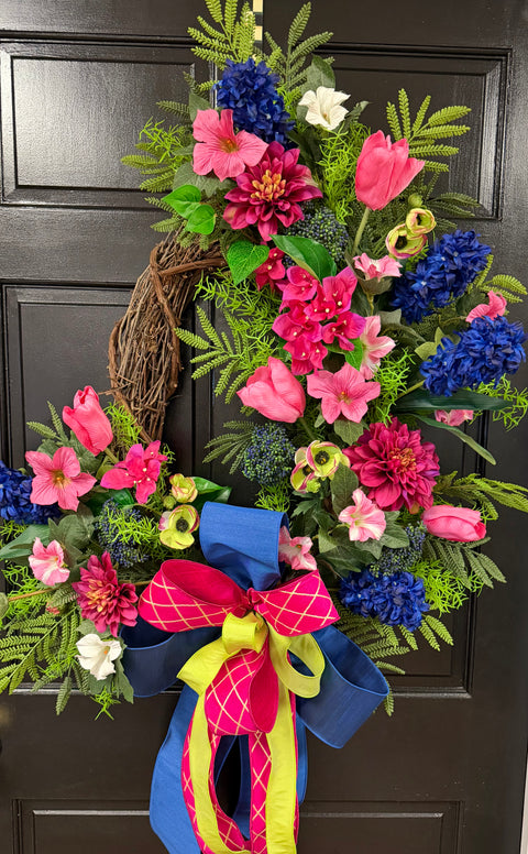 *READY to SHIP* - Bold Pinks & Navy Floral Wreath