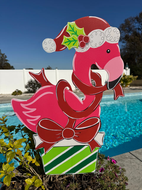 Merry & Bright Christmas Flamingo - Christmas Corrugated Coroplast Yard Stake