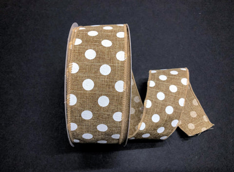 Burlap w/ White dots Wired Ribbon - 2.5" x 50yds