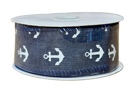 Navy Burlap w/ White Anchors Wired Ribbon - 1.5" x 10yds